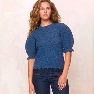 Christy Dawn 100% Baby Alpaca Knit Sweater Blue Puff Sleeve Cottagecore Small